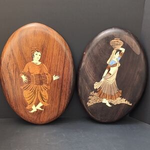 VGT, Rosewood Set Of 2 Oval Marquetry Wall Plaques with South Indian Man/Woman.
